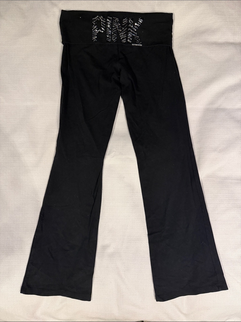 PINK Victoria's Secret Black Fold-Over Waist Track Pants with Sequin PINK Logo